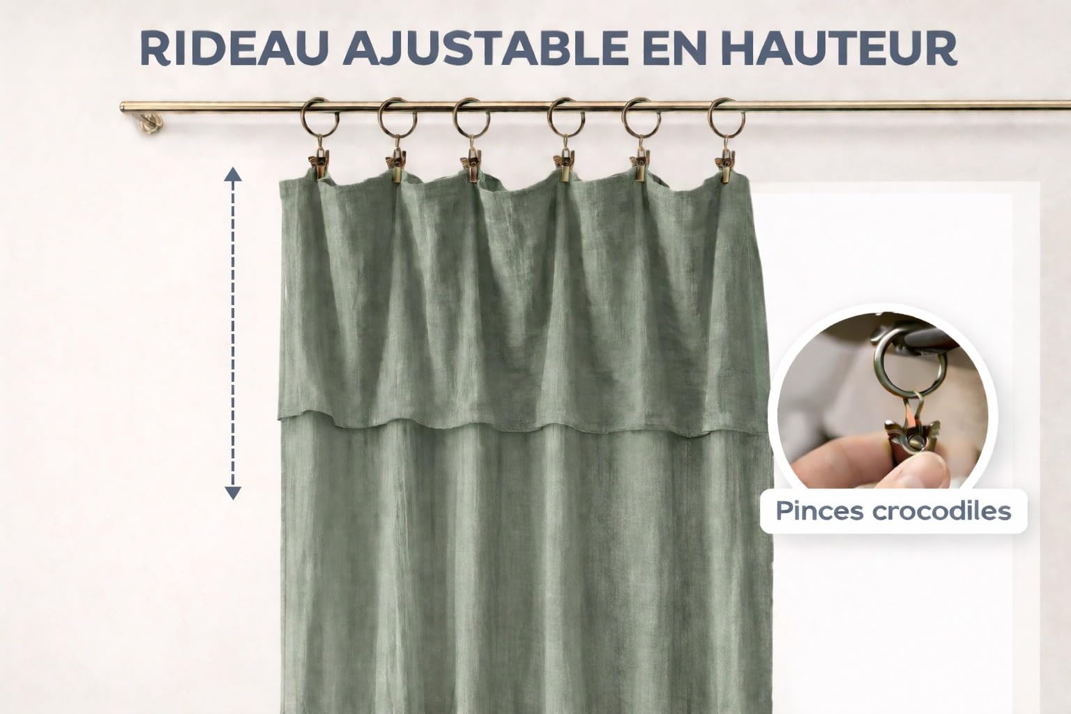 Rideau en 100% gaze de coton 180x max 300 cm (ajustable) Kaki | ajustable