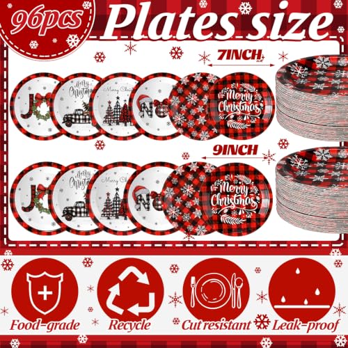 Image of Fourluoo 96 Pcs Red Buffalo Plaid Christmas Paper Plates Disposable Dinner Plates for Xmas Birthday Party Table Decor