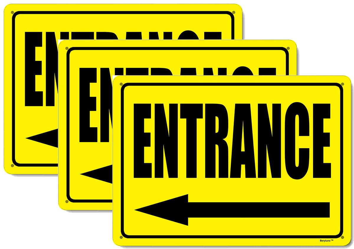 3 Pack 12"x8" Entrance Left Arrow Sign Yellow Background Black Rust Free Aluminum, Fade Resistant Metal Signs for Business for Home for Door Outdoor