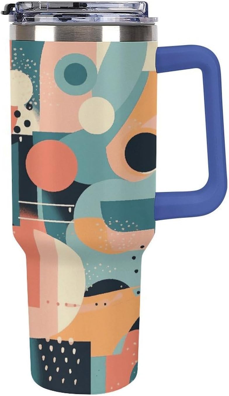 40 Oz Insulated Mug with Handle, Stainless Steel Abstract Shape Style Printed Travel Mug Portable Leak-proof Large Car Mug for Home, Office Or Car