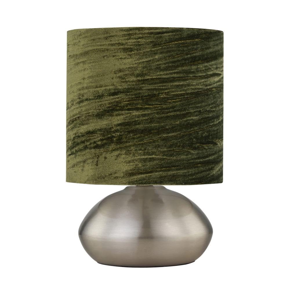 Firstchoicelighting Satin Nickel & Dark Green Brushed Chrome Touch Operated Table Lamp Or Bedside Light, Modern Design, Height 22Cm, Green Crushed Velvet Shade, Led Compatible
