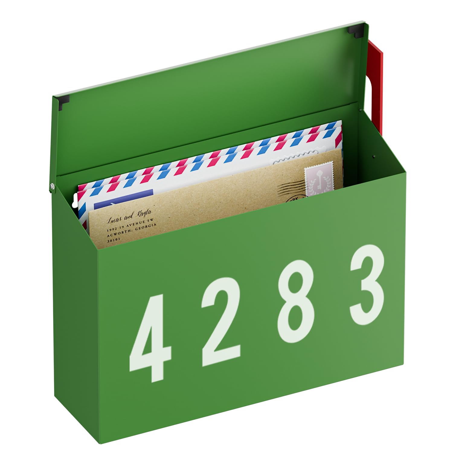 LAND·VOI Wall-Mount Mailbox with One Flag Kit and Three Sets of 0-9 Mailbox Number Stickers, Mailboxes for Outside, Galvanized Steel Rust-Proof Metal Post Box, 4.33" Dx14.2 Wx10.43 H, Green