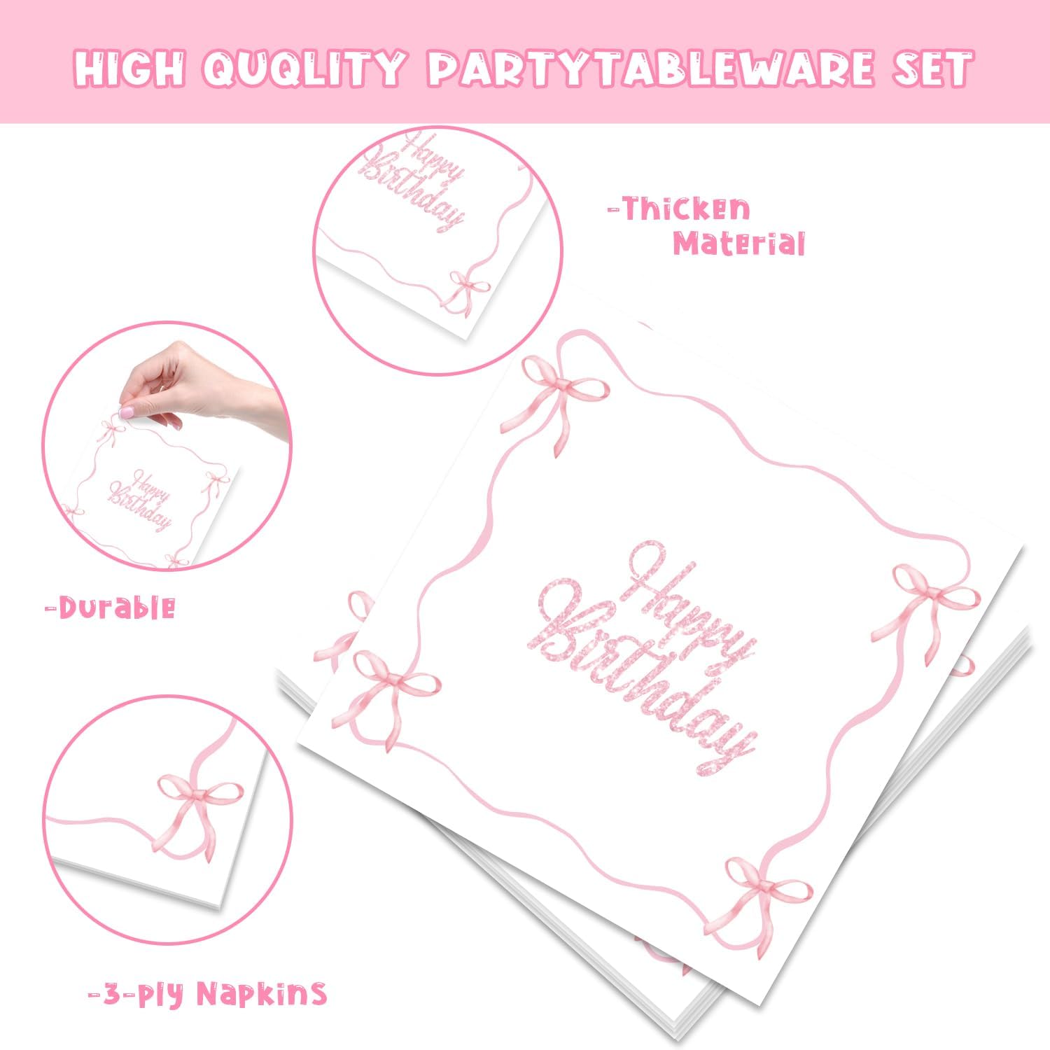 Pink Bow Birthday Party Supplies, 96Pcs Coquette Birthday Decorations Includes Napinks Plates Forks Pink Bow Theme Tableware Party Supplies - Image 6