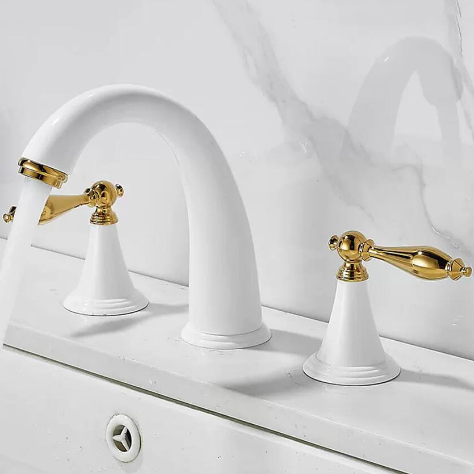 Grifo Lavabo 3 Orificios Grifo Baño 3 Orificios Latón Agua Fría y Caliente Doble Asa-Blanco+Dorado