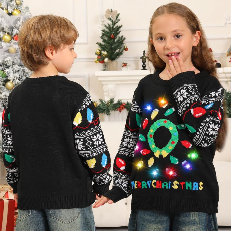 Maglione Natalizio Bambino con Luci, Maglioni Natalizi Bambini Divertenti, Girocollo Maglioncino Natalizio Famiglia Led Ugly Christmas Sweater,Brutti Maglioni di Natale per Bimbo/Bimba/Ragazza/Ragazzo