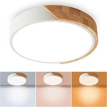 Wood LED Flush Mount Ceiling Light, 3CCT 3000K-6500K Modern Round Close to Ceiling Lighting Fixtures,12 Inch Minimalist White Ceiling Lamp for Living Room, Bedroom, Laundry Room, Not Dimmable