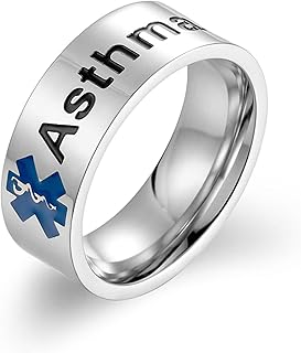 Stainless Steel Medical Alert Engraved Asthma Engraved Band Ring for Boyfriend Dad Son, Personalized Medical Alert Ring, Size 7