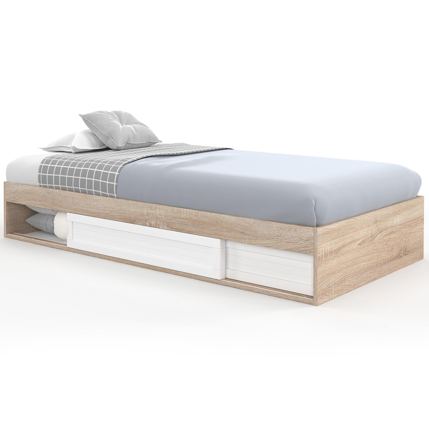IDMarket - Cadre de lit Simple Salem avec Rangement et sommier 90 x 190 CM façon hêtre et Blanc