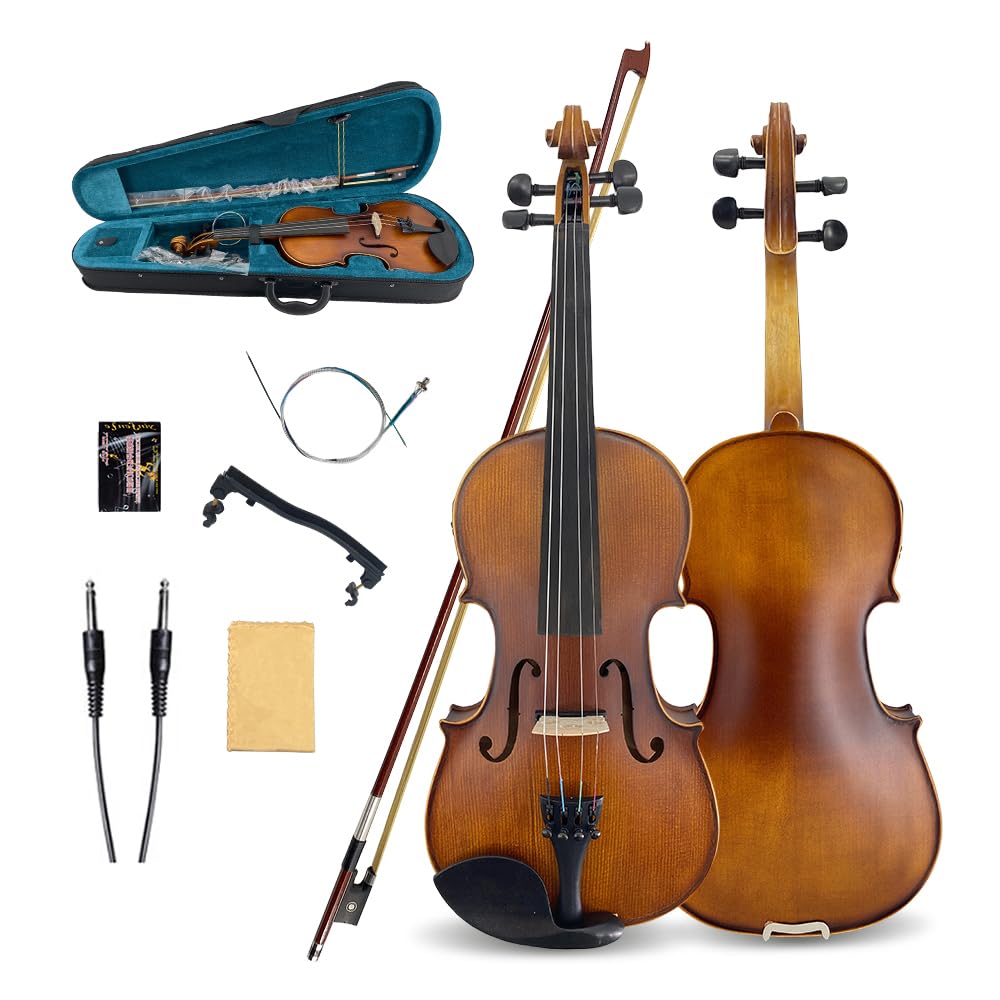 Yinfente 4/4 Violon électrique et acoustique pleine taille, 4 cordes, épicéa et érable pour étudiants, enfants, débutants, étui rigide en bois brésilien, câble, chiffon de nettoyage (café)