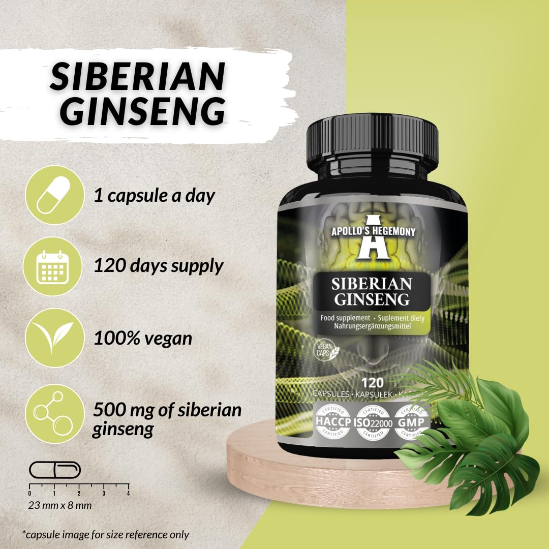 Ginseng Siberiano 500 mg - 120 Capsule Vegane - Estratto Standardizzato allo 0,8% di eleuterosidi B + E - Integratore alimentare di Apollo's Hegemony