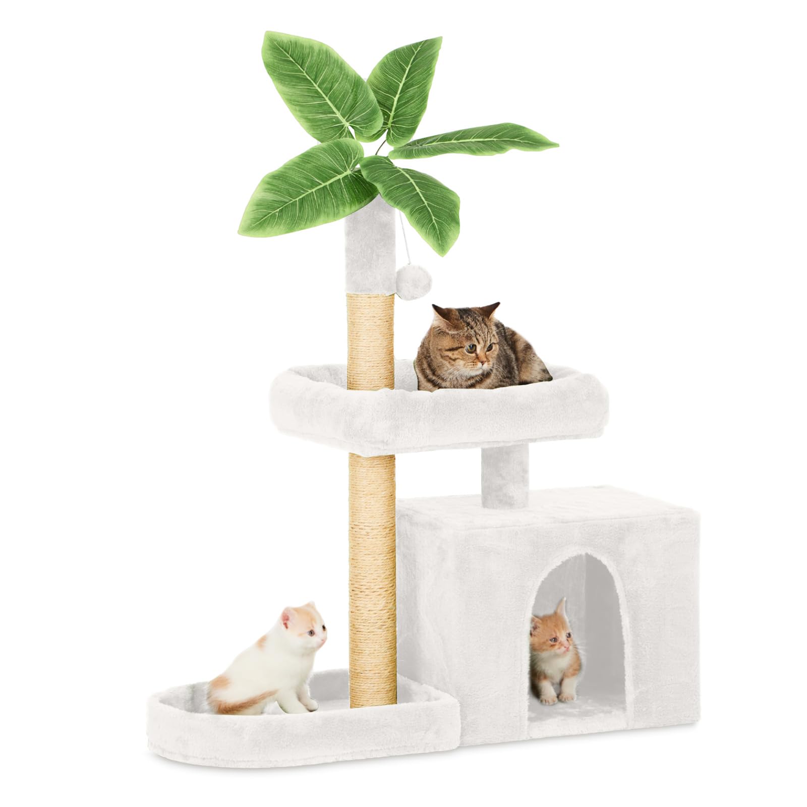 31.5" Cat Tree Cat Tower for Indoor Cats with Green Leaves, Cat Condo Cozy Plush Cat House with Hang Ball and Leaf Shape Design, Cat Furniture Pet House with Cat Scratching Posts, White