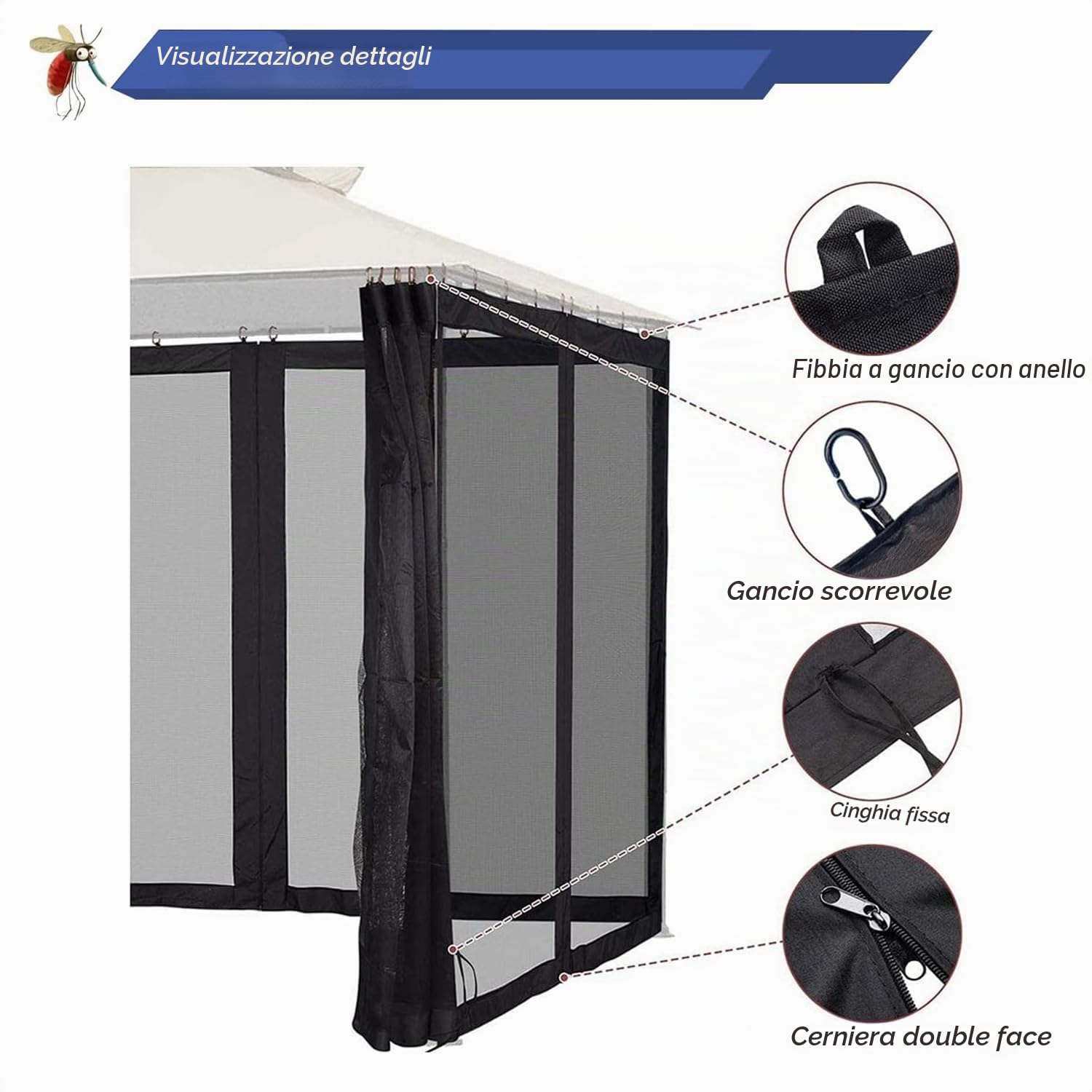 Zanzariera per Gazebo 3x3, Esterno Zanzariera Universale da Giardino Patio, 4 Pannelli Pareti Laterali con Cerniera Impermeabile per Pergolato e Pergola (Nero, 3x3 M)