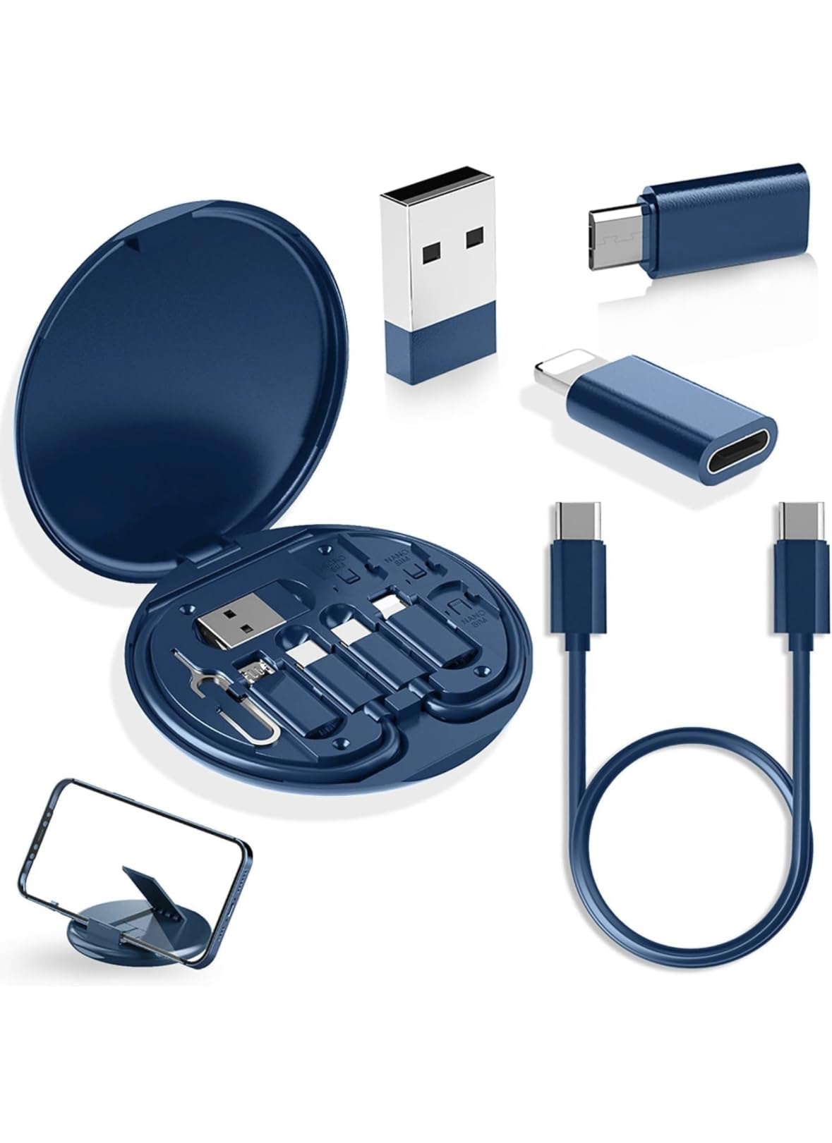 Multifunctional Cable Conversion Head Portable Storage Box, Multi-Type Charging Line Convertor USB Type C Adapter Tool Contains Sim Card Slot Tray Eject Pin, Phone Holder (Multi-Colour)