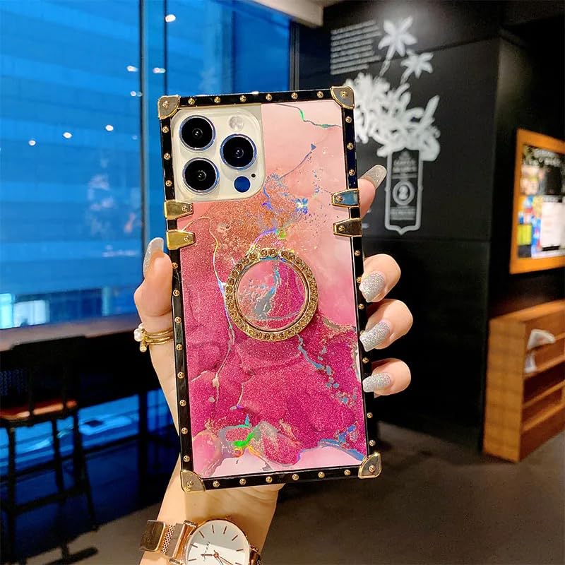 Image of LuxuryKase Premium Marble Design Case for iPhone 13 Pro | Shockproof Trunk Frame | Rotating Ring Holder | Stylish Protective Cover with Studded Edges - Pink