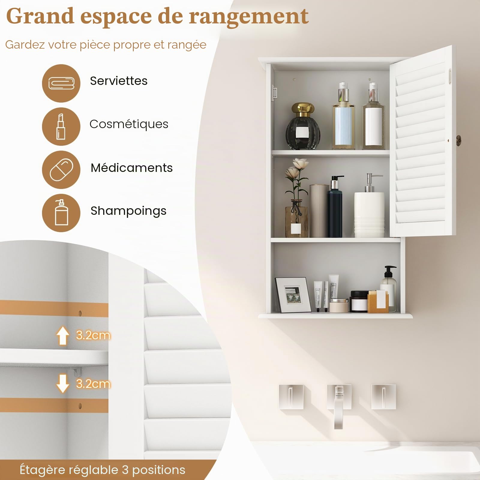 GIANTEX Armoire de Salle de Bain Murale avec Une Porte, 2 étagères réglables et Compartiment Ouvert, Armoire en Bois à 3 Niveaux, Meuble Polyvalent pour la Salle de Bain, Cuisine, entrée (Blanc)