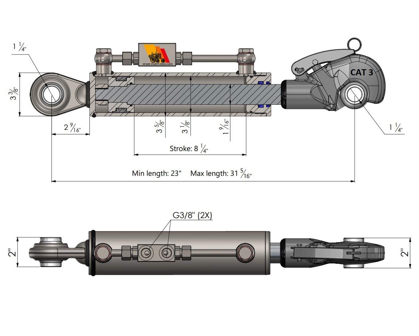 Hydraulischer Oberlenker Kat 3 - Ø32,4 (585-795 mm) mit Fanghaken, Sperrblock und 2 Schläuchen
