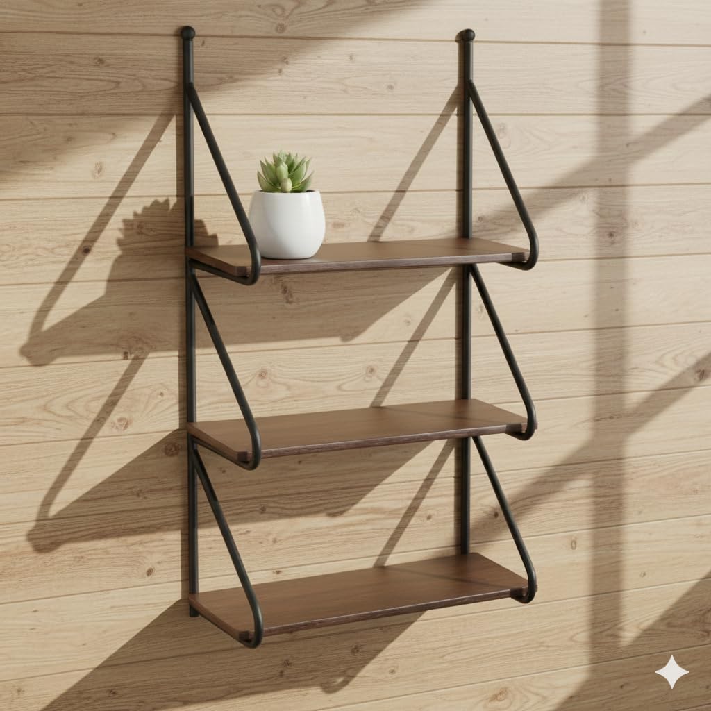 Rustic Wood Wall Rack with Glossy Stainless Steel Finish, 3-Tier Modern Homes-image-12