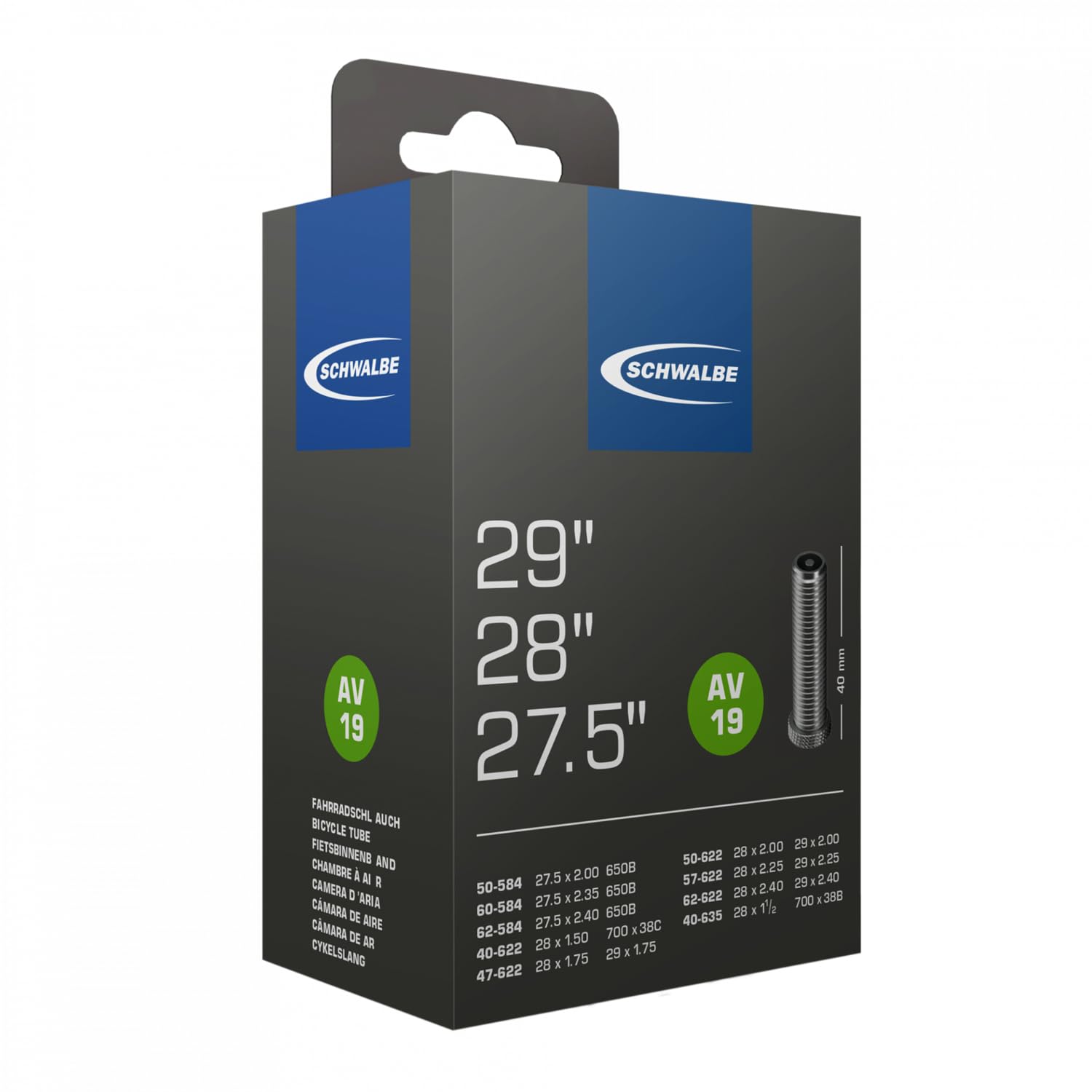Schwalbe AV-19 Inner Tube 29ER, 650B, 28 X 1.50-2.35", 28 X 1.50-2.35