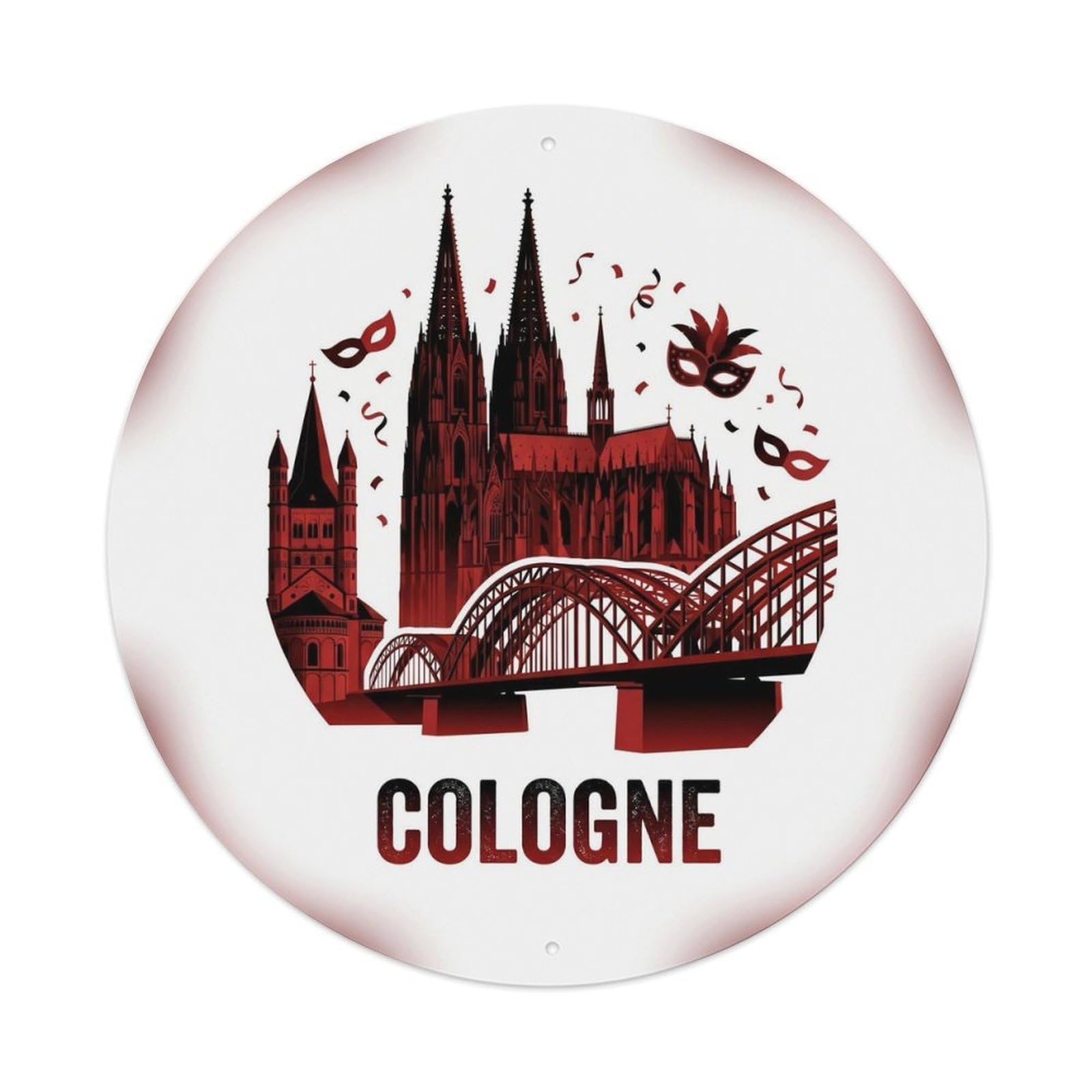 Cologne Cathedral Gothic Bridge Red Black Travel Map Duotone Metal Tin Sign Plaque Wall Decor for Cafe, Man Cave, Club Bar, Office, Home Garden Round Metal Poster 8x8Inch