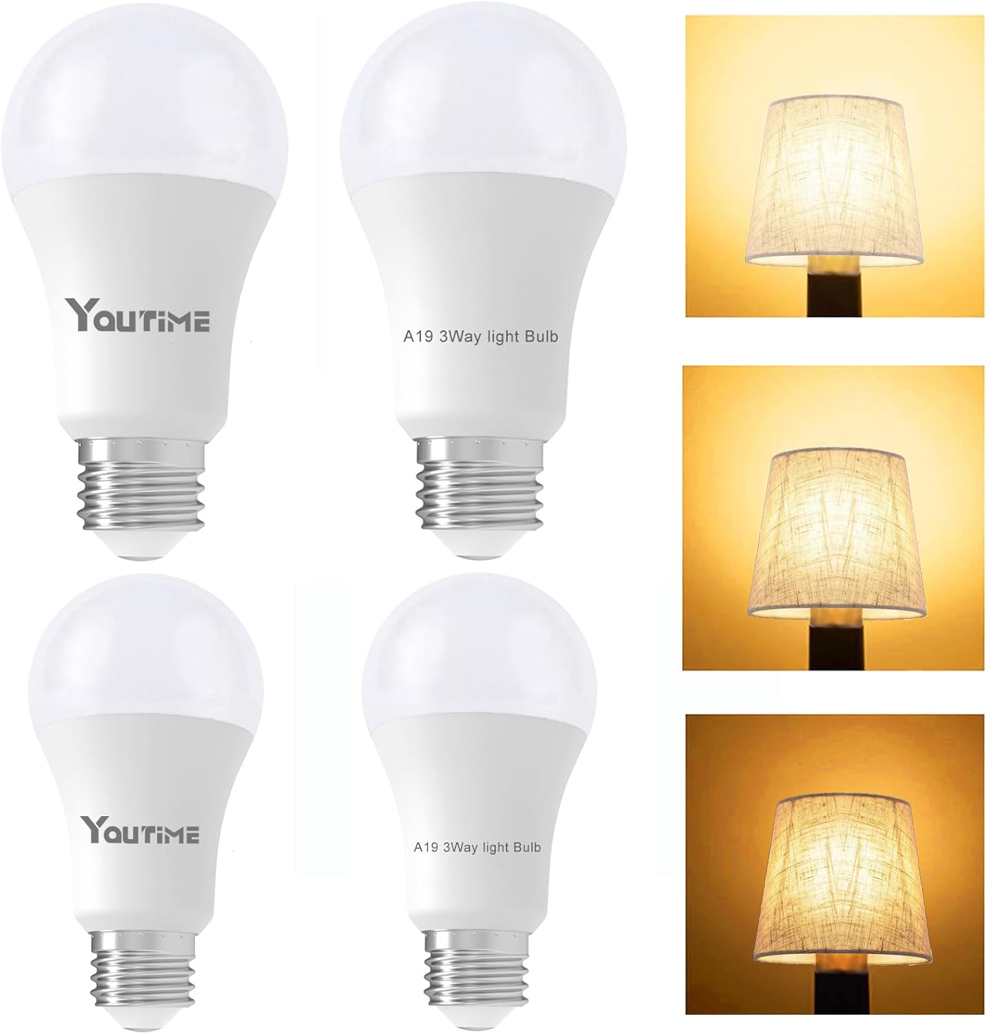 Youtime 3 Way Light Bulbs 30 70 100 Watt Equivalent Soft White, LED A19 Energy Saving Three Way Light Bulbs,4Pack