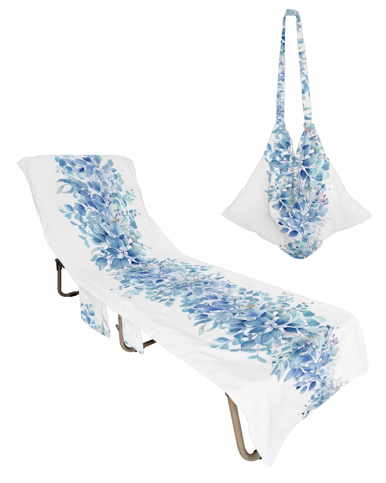 Blue Eucalyptus Beach Chair Cover with Side Pockets, Microfiber & Quick Dry Pool Chaise Lounge Chair Towels Covers for Sun Sunbathing Patio Garden Hotel, Watercolor Floral Spring Botanical Plant White