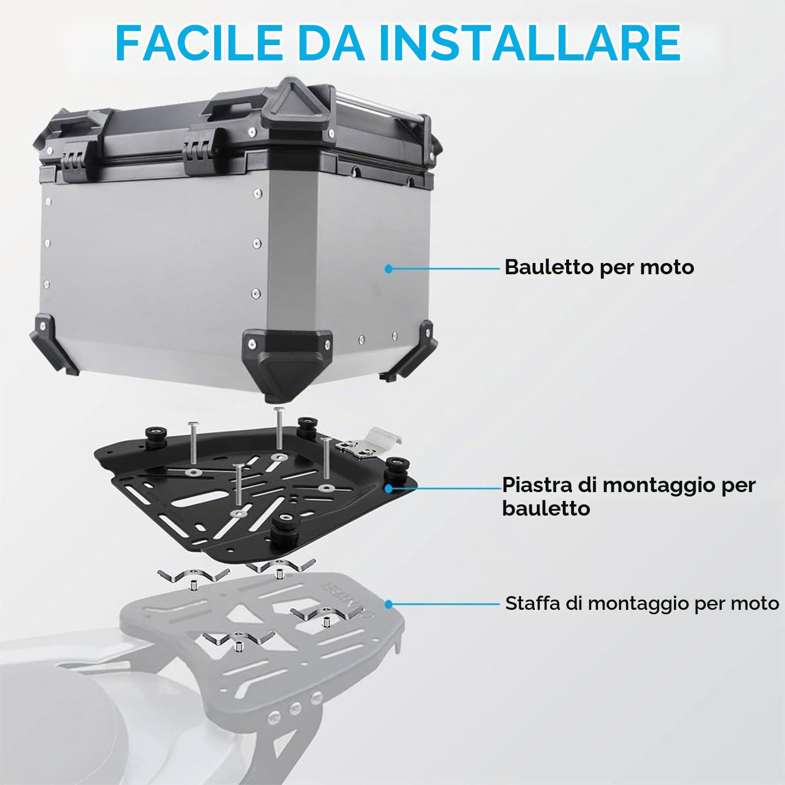Bauletto posteriore per moto, 28L 36L 45L 55L 65L 80L 100L Baule per moto impermeabile in alluminio universale con serratura di sicurezza per riporre casco e bagagli - Include schienale silver 28L