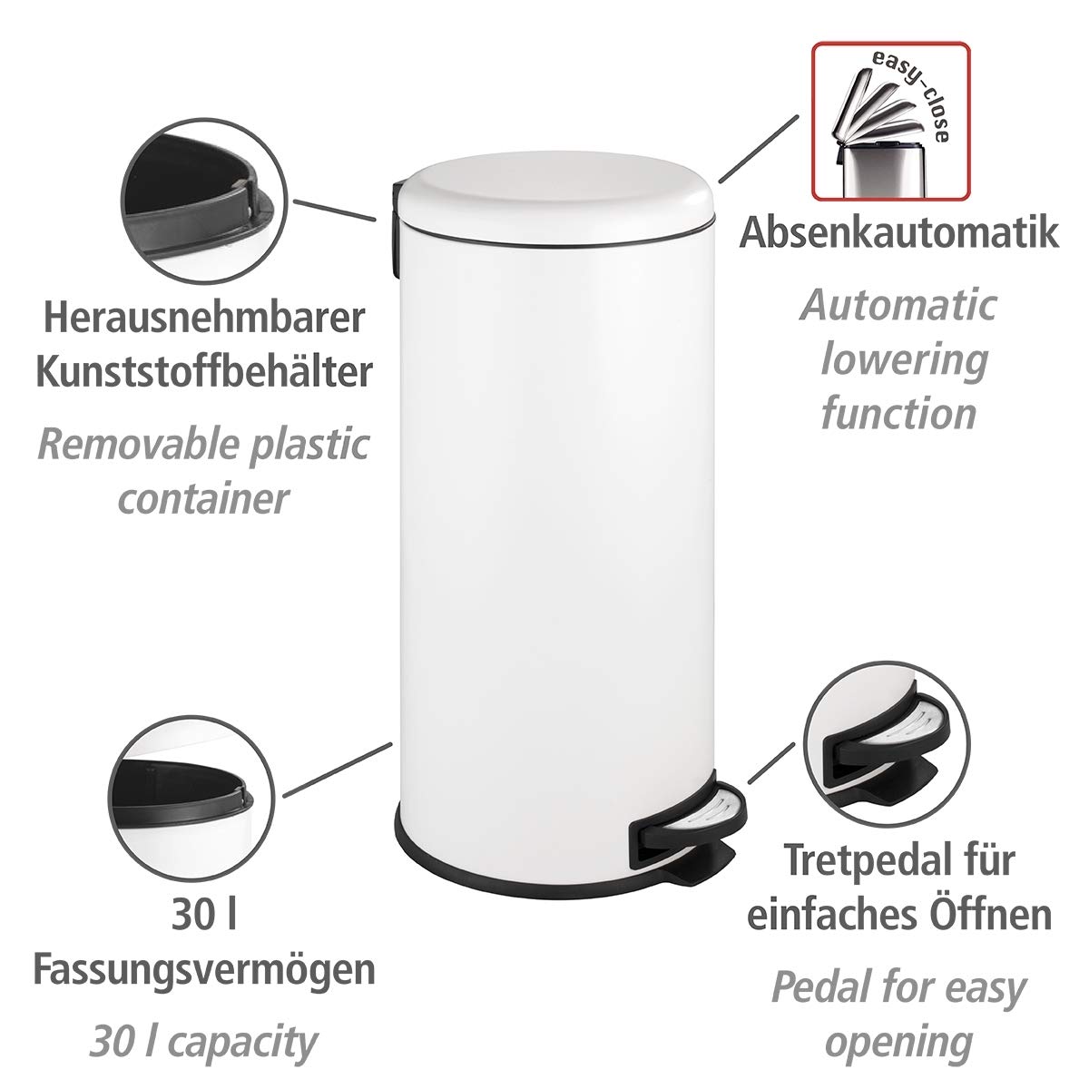 WENKO Treteimer Leman Easy Close Weiß 30 L - Kosmetikeimer, Mülleimer mit Absenkautomatik Fassungsvermögen: 30 l, Stahl, 30.5 x 64 x 37.5 cm, Weiß, 64 x 37.5 x 30.5 cm