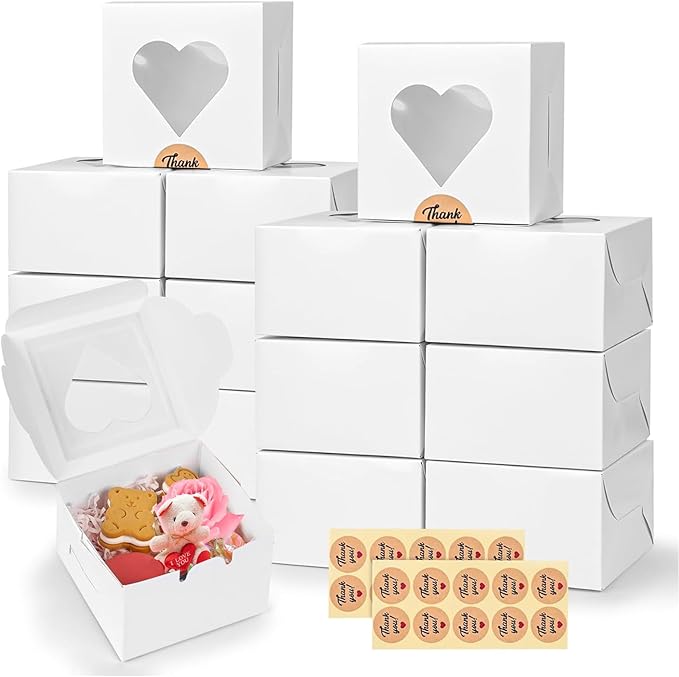 24 Pcs Bakery Boxes, 8x8x2.5 Cookie Boxes With Window, White Treat Containers For Wedding Birthday Donuts Chocolate Strawberries Pie