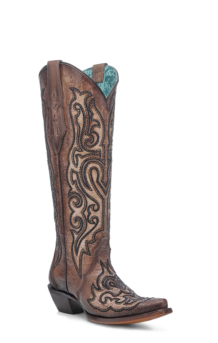 Corral Boots Womens Tobacco Crackled Crystal Rhinestone Embroidered Snip Toe Pull On Casual Boots Over the Knee Mid