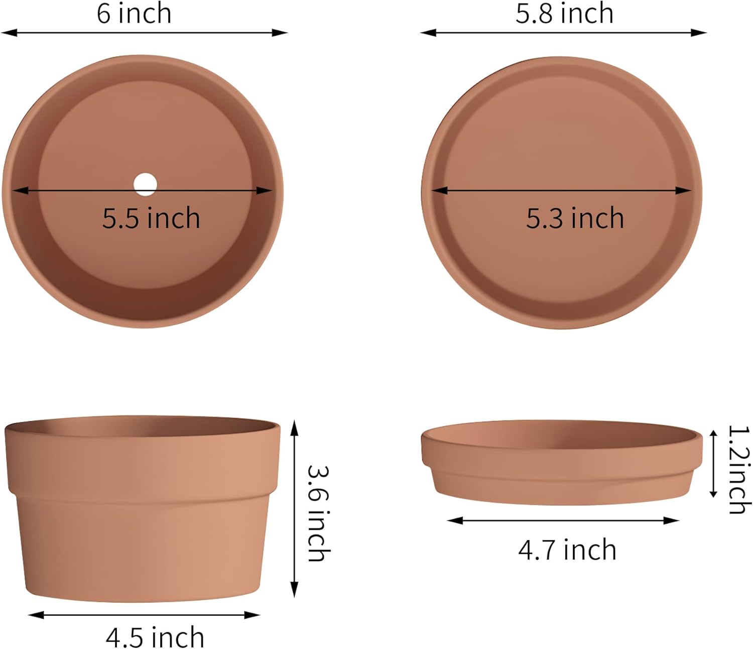 Fcacti 4 Pack 6 Inch Terracotta Shallow Succulent Pot - Large Terra Cotta Clay Pots with Saucer, Round Shallow Terra-Cotta Bonsai Pot with Drainage Hole for Indoor/Outdoor Plants