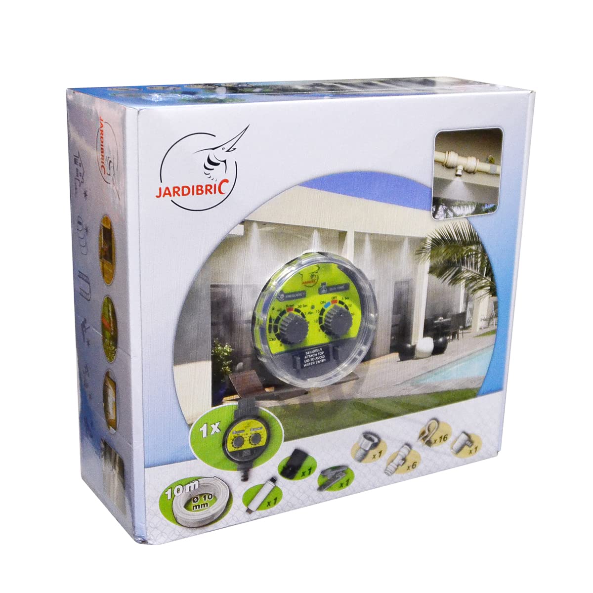 Jardibric - Kit de Brumisation BRU061 - Brumisateur Fixe, 10m de Tuyau, 6 Jonctions Orientables, Buses Anti-Goutte 2 Bars, 16 Pinces - Rafraîchissez Votre Jardin ou Terrasse Facilement