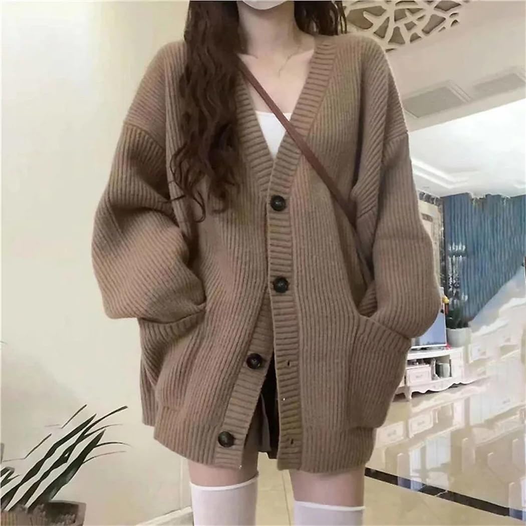 Cárdigan de Manga Larga de Invierno para Mujer, Chaqueta Holgada de Punto con Cuello en V, Informal, con Botones Delanteros, Abrigo cálido (Caqui, Talla única)