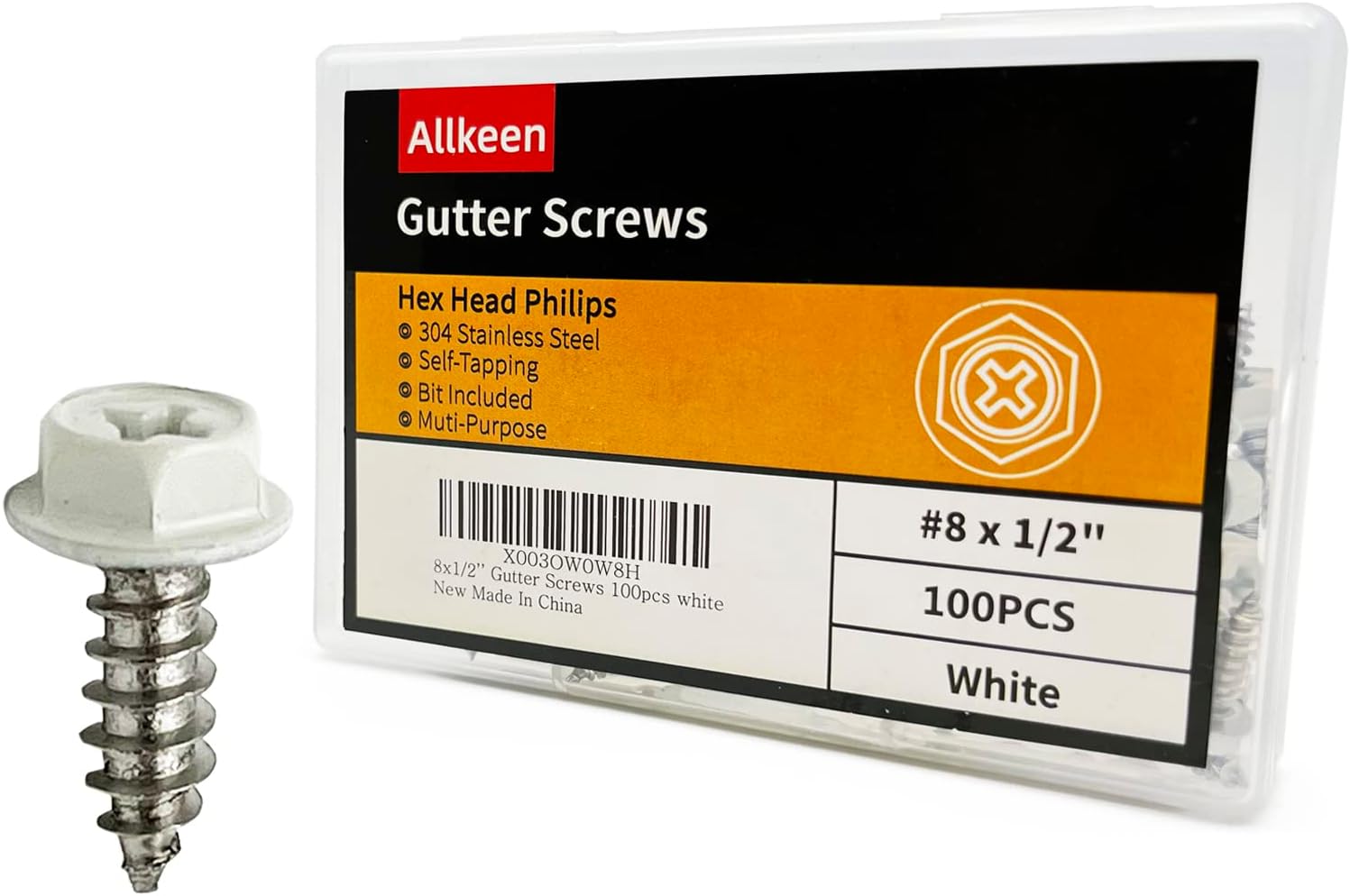 White Painted Self Tapping Gutter Screws #8 x 1/2" Hex Head Downspout Sheet Metal Screws, 100 Pieces