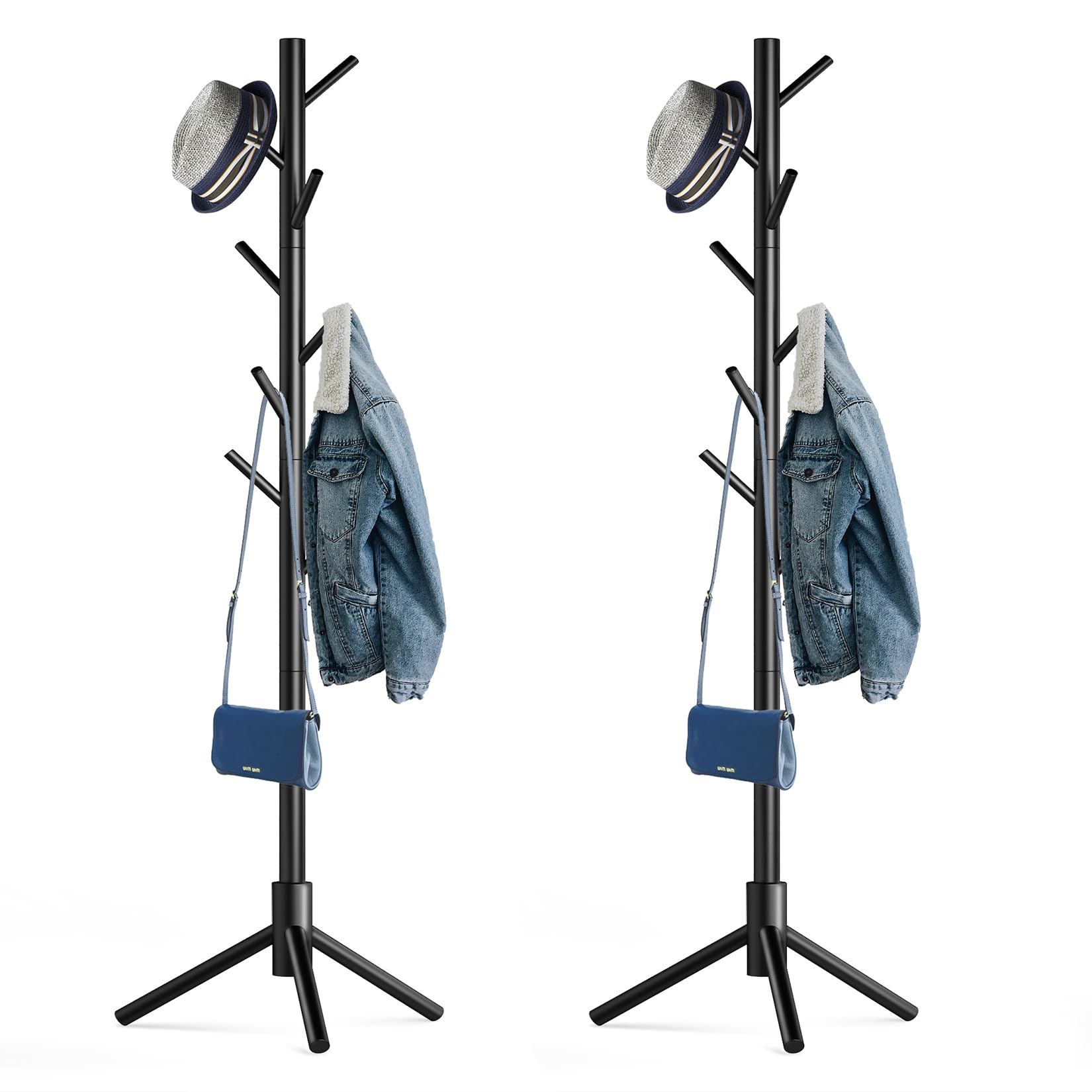 Wooden Tree Coat Rack Stand,Sturdy Freestanding Coat Rack with 8 Hooks,3 Adjustable Height for Child Adult,Wood Coat Stand Tree Fits Entryway Bedroom Office for Bags,Hats, 2 Pack