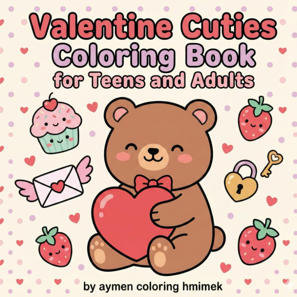 Valentine Cuties Coloring Book for Teens and Adults: 50 Adorable and Easy Kawaii Designs with Cute Animals, Sweet Treats, and Heartwarming Themes for Stress Relief and Relaxation