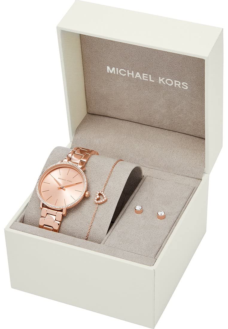 Michael Kors Orologio Pyper per donna, movimento al quarzo a due lancette con cinturino in acciaio inossidabile, PVC o pelle, 32 mm, Set oro rosa e glitter
