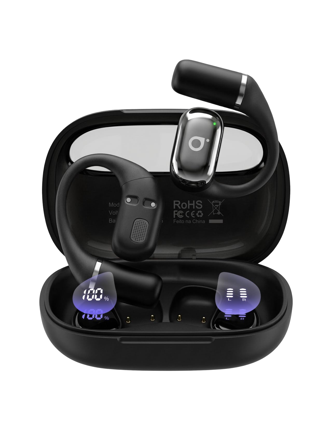 Basike Fone de Ouvido Bluetooth, Fone sem Fio OWS Bluetooth 6.0 com Tela LED, Bateria de 68h, ENC Cancelamento de Ruído, Áudio Estéreo, IPX6, Baixa Latência, Conexão Dupla de Dispositivos (Preto)
