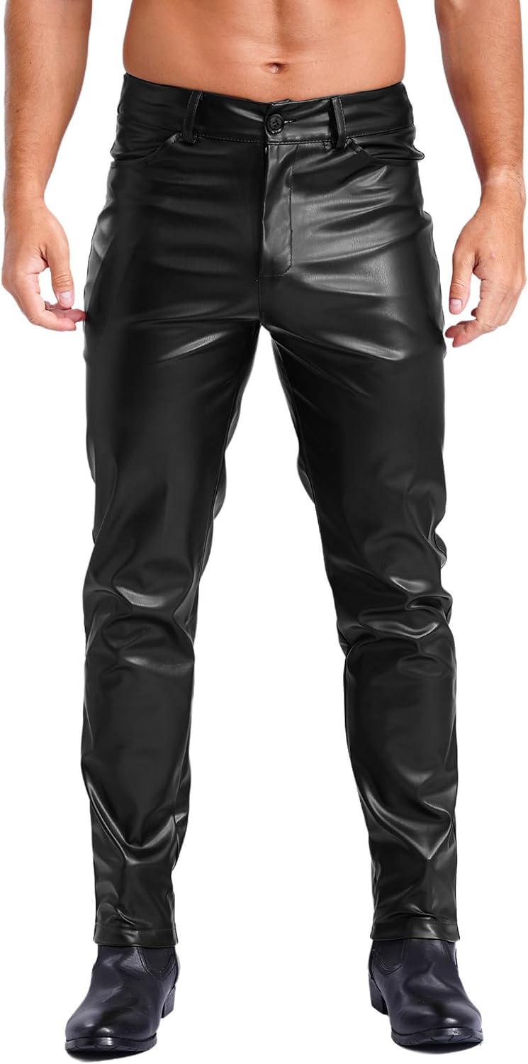 ACSUSS Men's Wetlook PVC Leather Tight Pants Leggings Zipper Front Long Pencil Trousers Clubwear