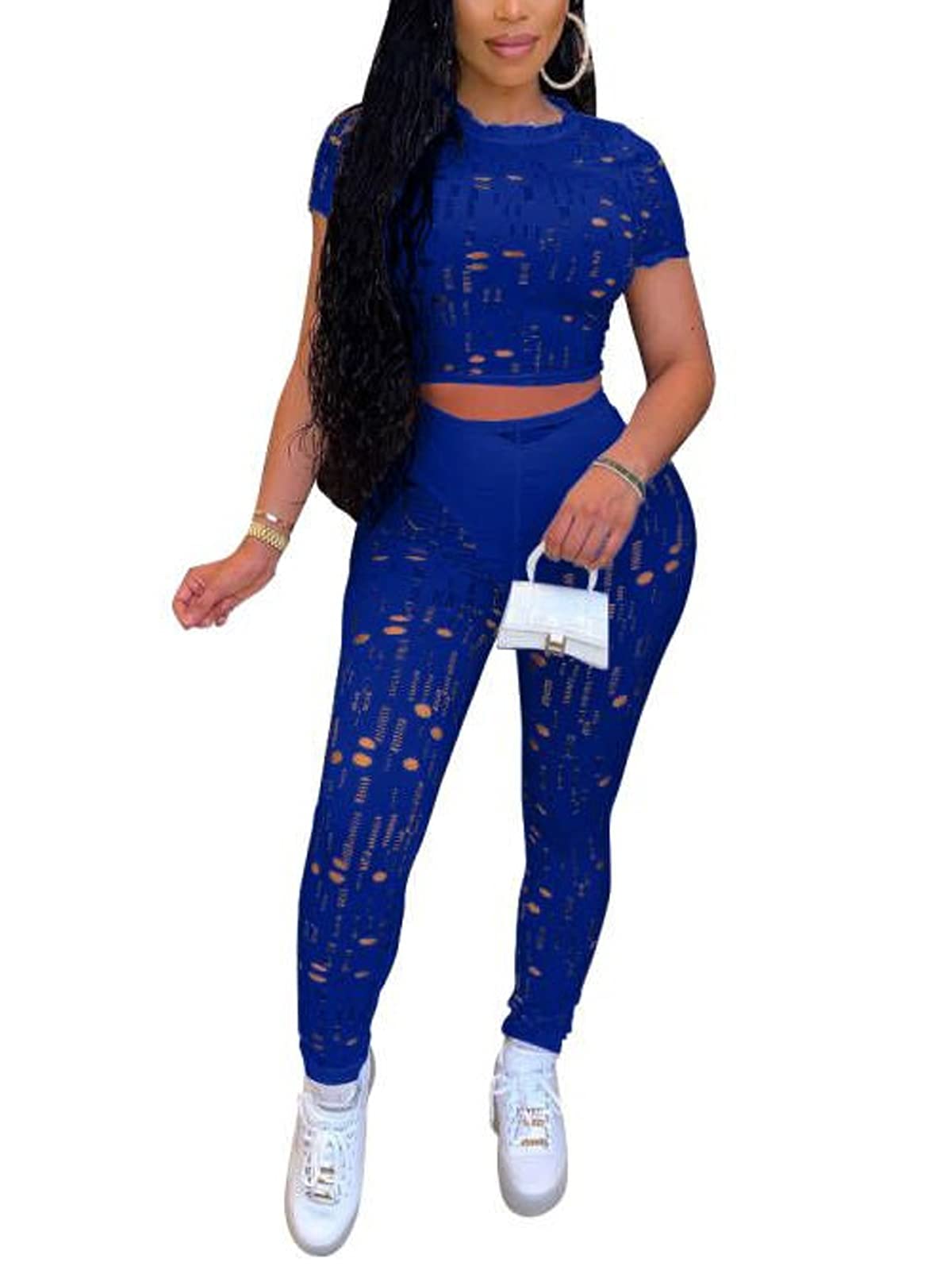 RAMOUG Women Solid Color Matching Set Hollow Out See Through Crop Top Leggings Tracksuit Casual Wear