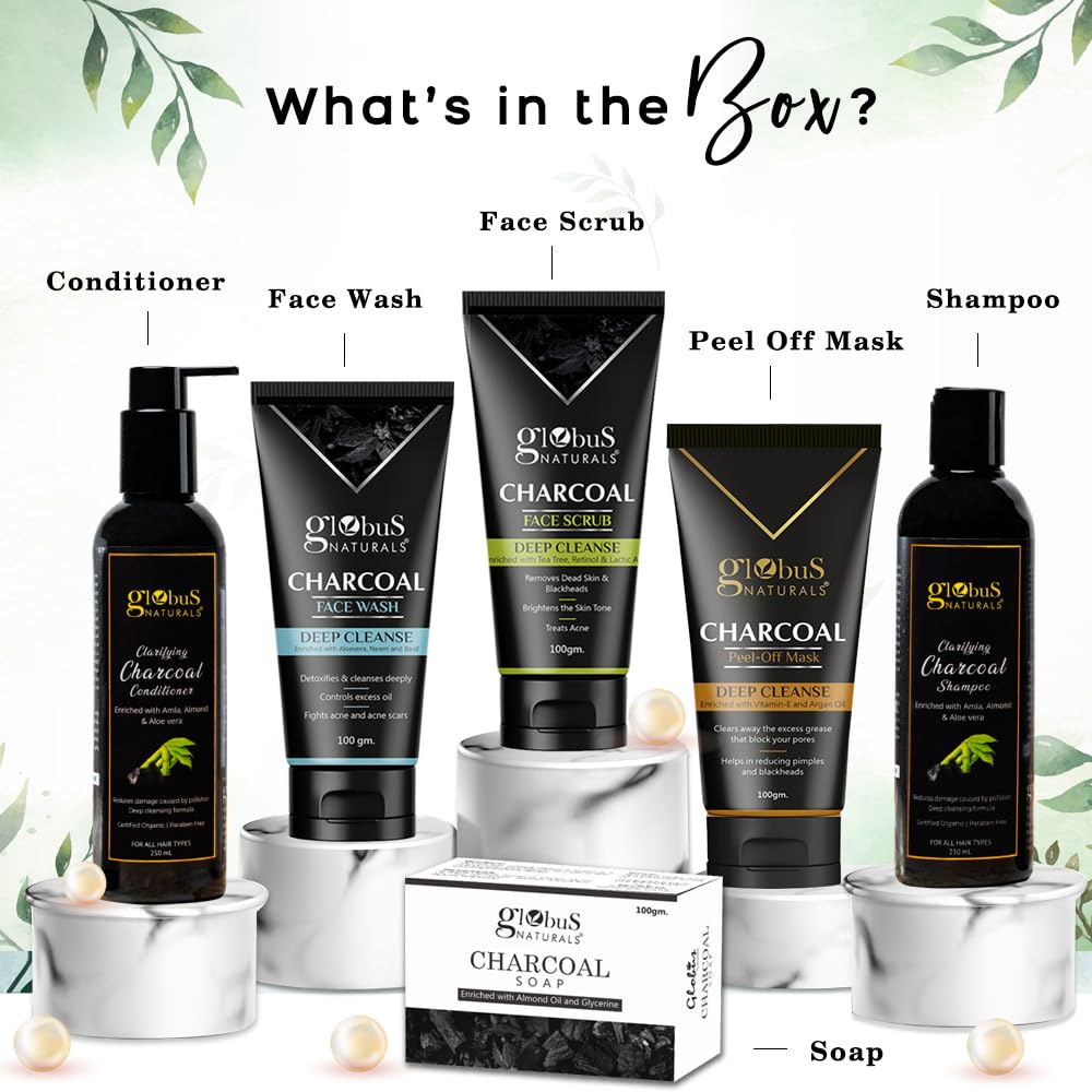 Globus Naturals Charcoal Detox Gift Box, Set Of 6 - Face Wash, Face Scrub, Peel off mask, Shampoo, Conditioner, Soap, For Oily, Combination, Sensitive & Acne Prone Skin, Both Men & Women 1