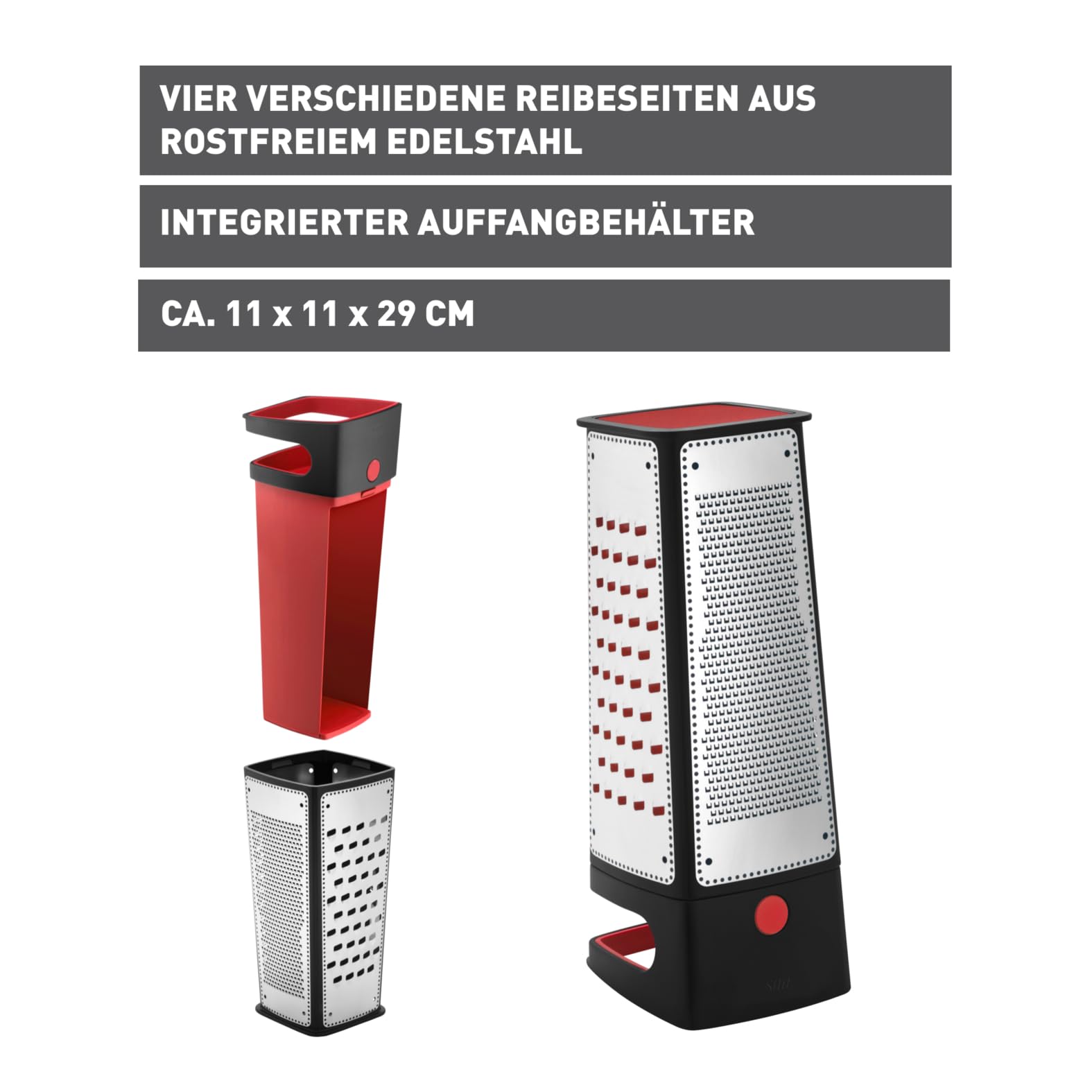 Silit Vierkantreibe mit Auffangbehälter, 29,5 x 11 x 11 cm, 4 Reibeflächen, Edelstahl, Kunststoff, Kartoffelreibe, Gurkenhobel