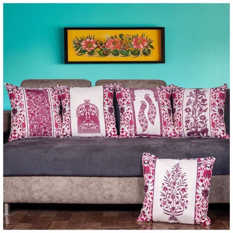 Image of Decorative Satin Sofa Cushion Covers Set of 5, 16 x 16 Inches, Multicolor Floral Printed Pillow Covers for Living Room, Bedroom, Couch & Sofa, Soft Glossy Fabric, Zipper Closure