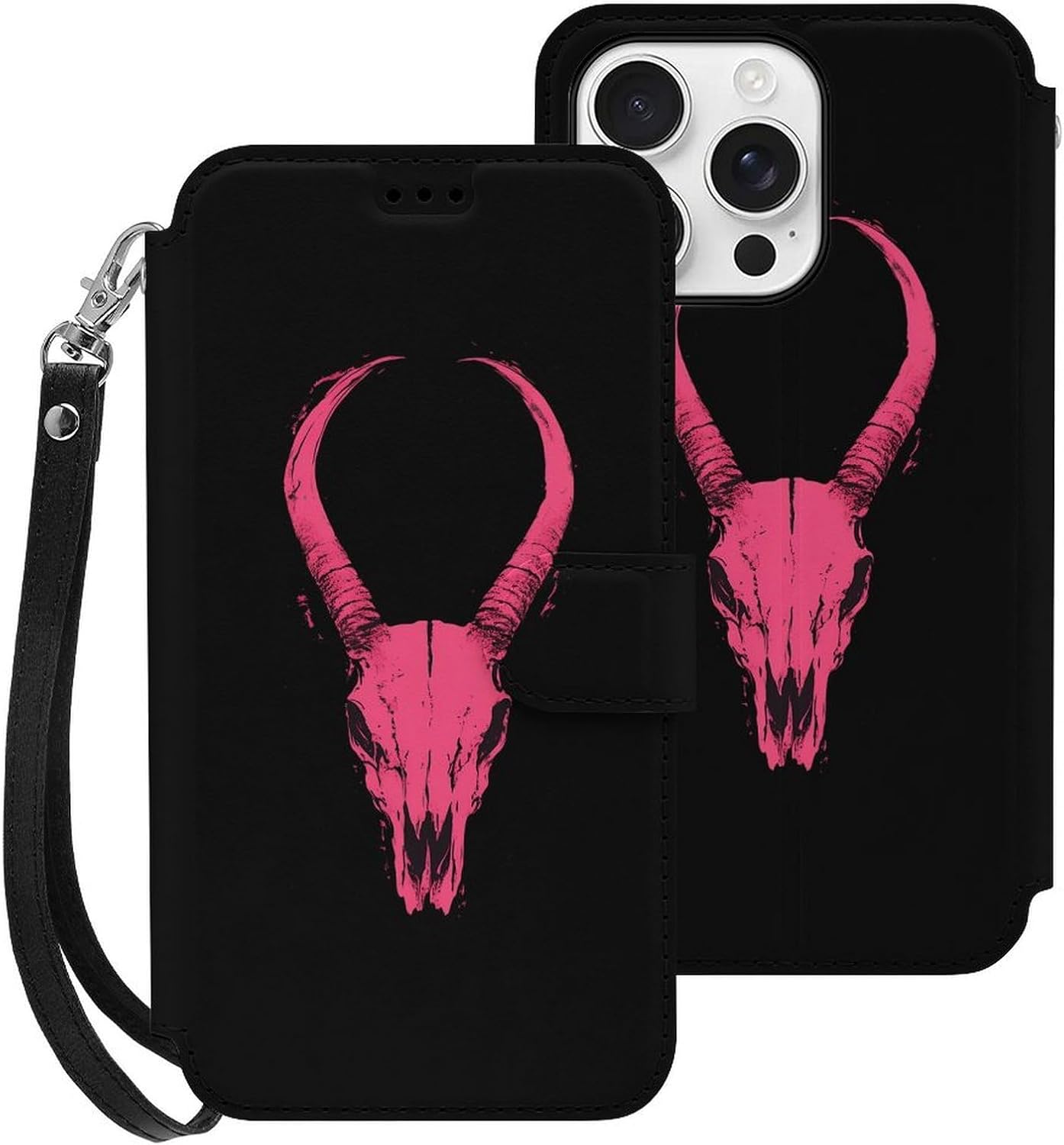 Antelope Skull Compatible with iPhone 16/16 Plus/16 Pro/16 Pro Max/16 E Case Phone Wallet Card Holder Flip Cover with Wrist Strap