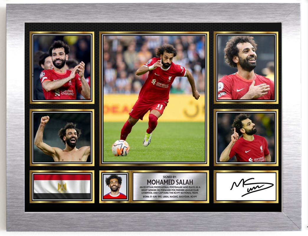 Mohamed Salah Signed Autograph Photograph Display - Perfect for Football Fans, A3 Poster + Silver Frame - Limited Edition Autograph Fan Gift – Collectible Memorabilia Merchandise