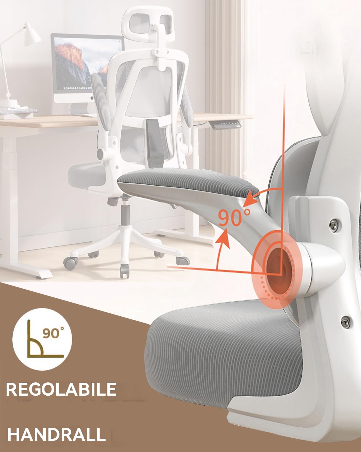 Sedia da Ufficio in Rete,Sedia da Gioco Ergonomica con Schienale Alto,Rotelle e Poggiatesta Regolabile,Braccioli Ribaltabili Comfort per Casa,Camera da Letto,Studio(Grigio)