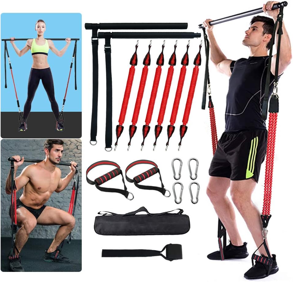 Portable Exercise Bar Kit, Upgraded Version of Detachable Pilates Bar, 60-180LBS Anti-breakage Adjustable Resistance Band, Barbell Resistance Training Device, Full Body Strength Training Equipment