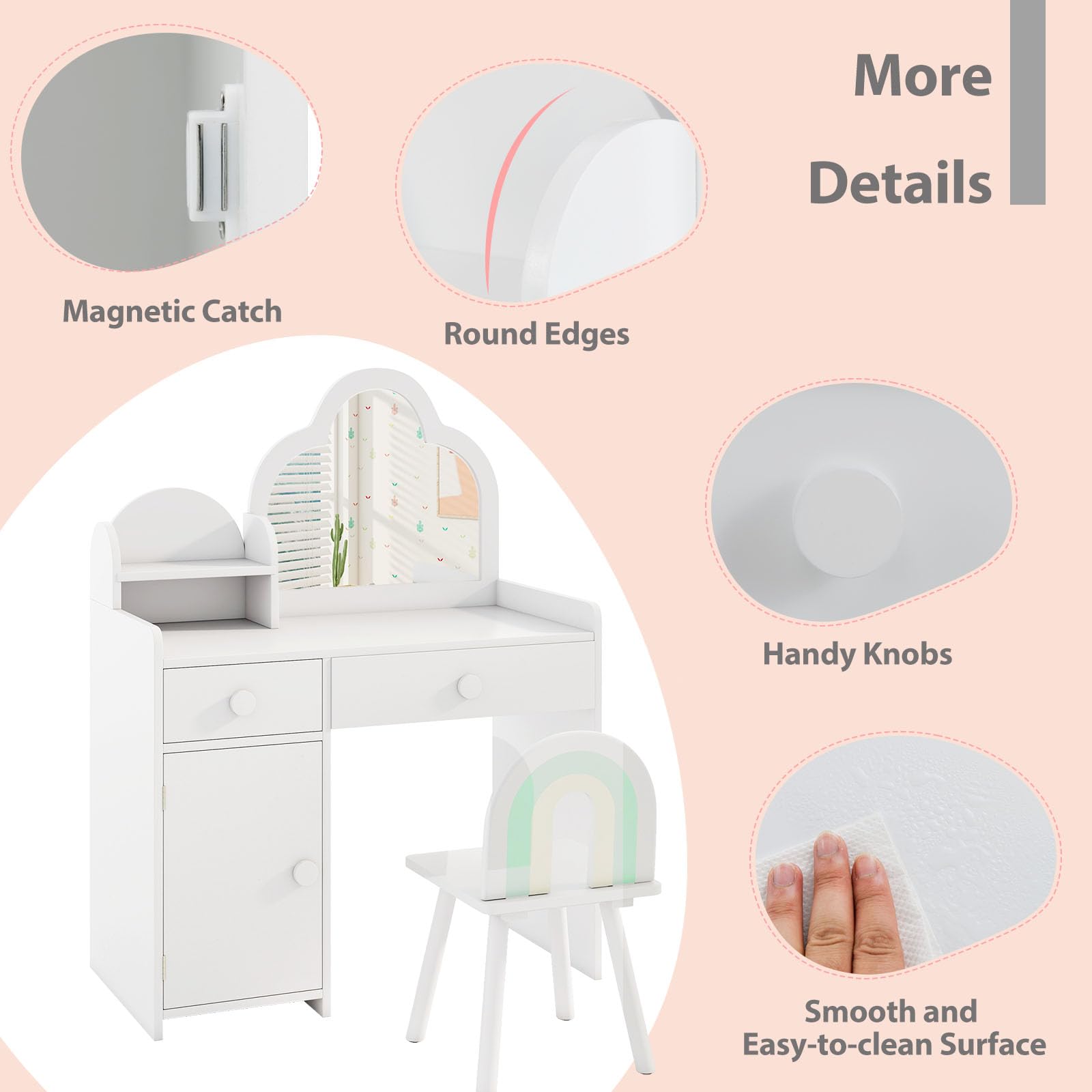 LIFEZEAL 2 en 1 Coiffeuse Enfant Fille avec Chaise & Miroir Amovible, Table de Maquillage avec Tabouret, Casier, 2 Tiroirs, étagère, Bureau en Bois 3-7 Ans, Blanc