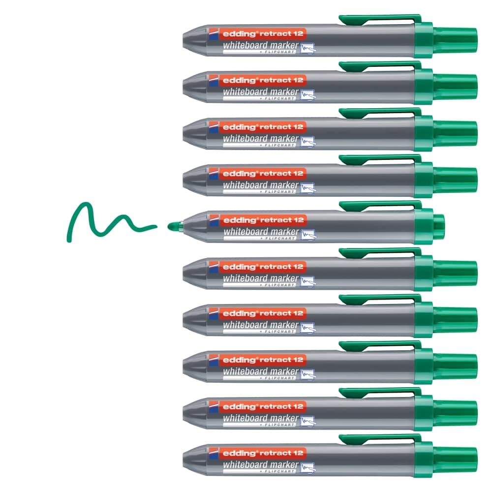 edding 12 Retract whiteboard marker - green - 10 whiteboard pens - round nib 1.5-3 mm - capless design - for one-handed use on whiteboards, flipcharts, magnetic boards, pinboards, memo boards
