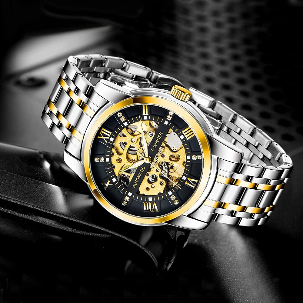 Tiong Wacthes - Orologio da polso da uomo, in acciaio inox, impermeabile, con movimento a scheletro, impermeabile fino a 30 m