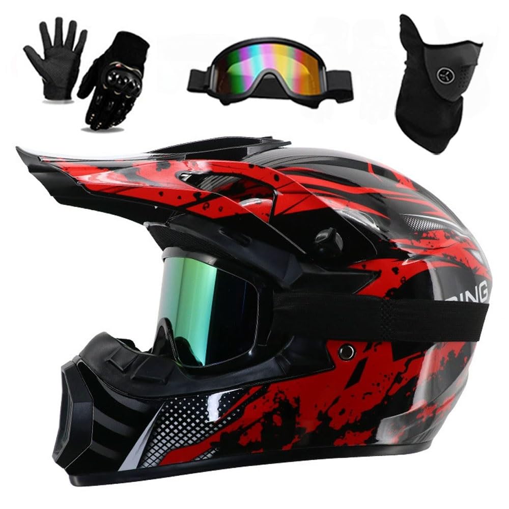 UIGJIOG Motorcycle Helmet For Kids, ATV Motorcycle Helmet DOT Certified Helmet With Safety Glasses Gloves, MTB Helmet With Full Face Including Set Of 4 Sizes,A